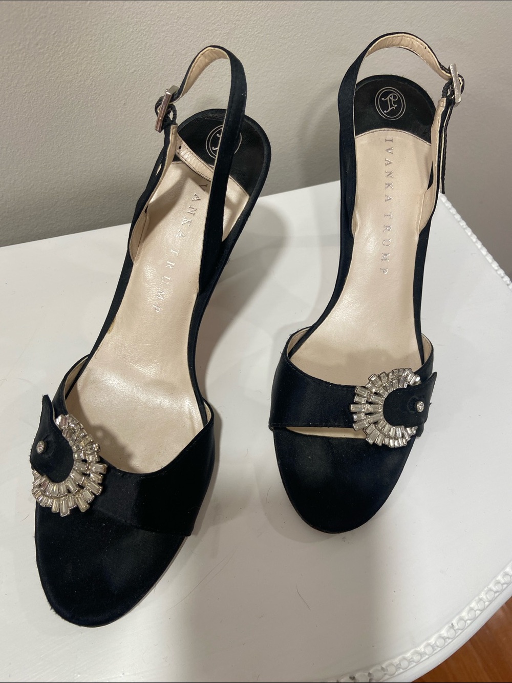 Ivanka Trump Black Satin Open-Toe Slingback Heels with Crystal Brooch